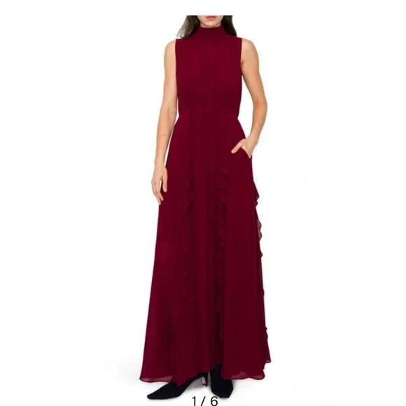 MELLODAY | Dresses | Melloday Mock Neck Ruffle Maxi Dress Sleeveless  Burgundy Xs | Poshmark